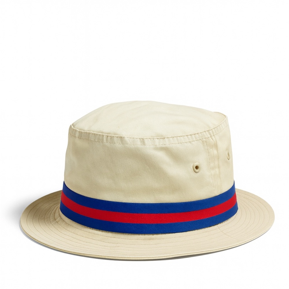 Vintage Dobbs Khaki Bucket Hat with Red & Blue Stripe Made in USA Men Size 7